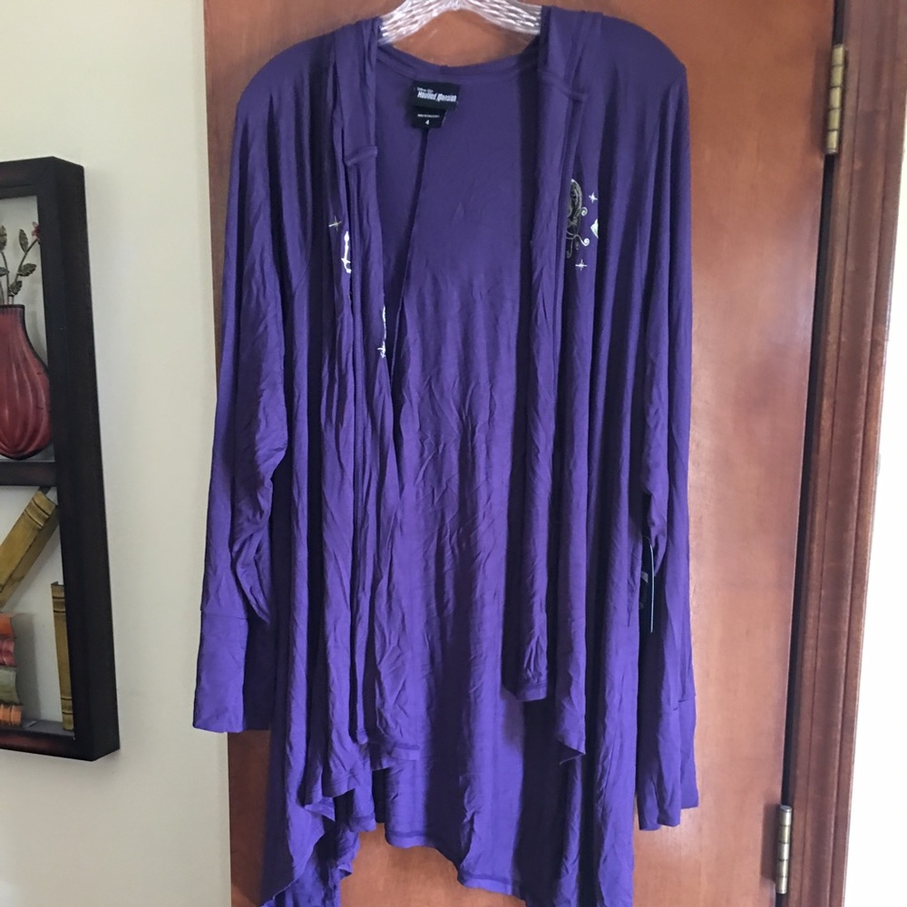 Torrid purple open front cardigan w hood, size 4, haunted mansion details, nwt